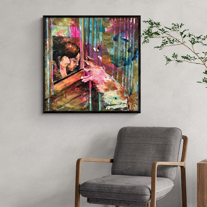Colorful artwork 'The Other Side' by Arlet Gomez, depicting a girl and a dog, perfect for artistic inspiration.