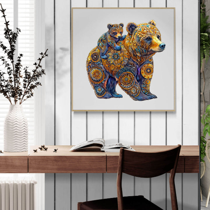 Colorful artwork of a mother bear with cub, showcasing intricate designs, perfect for home decor and puzzle enthusiasts.