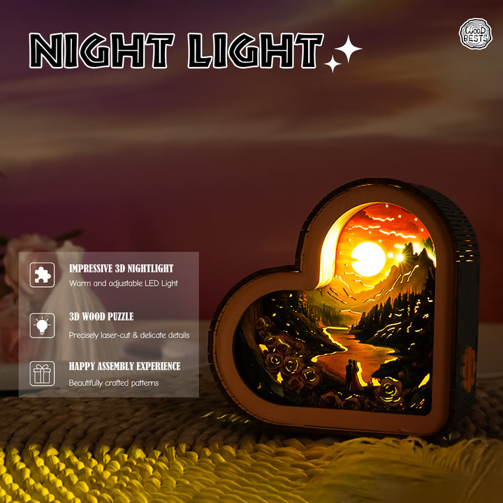 3D wooden puzzle night light shaped like a heart, featuring warm LED illumination and intricate designs.