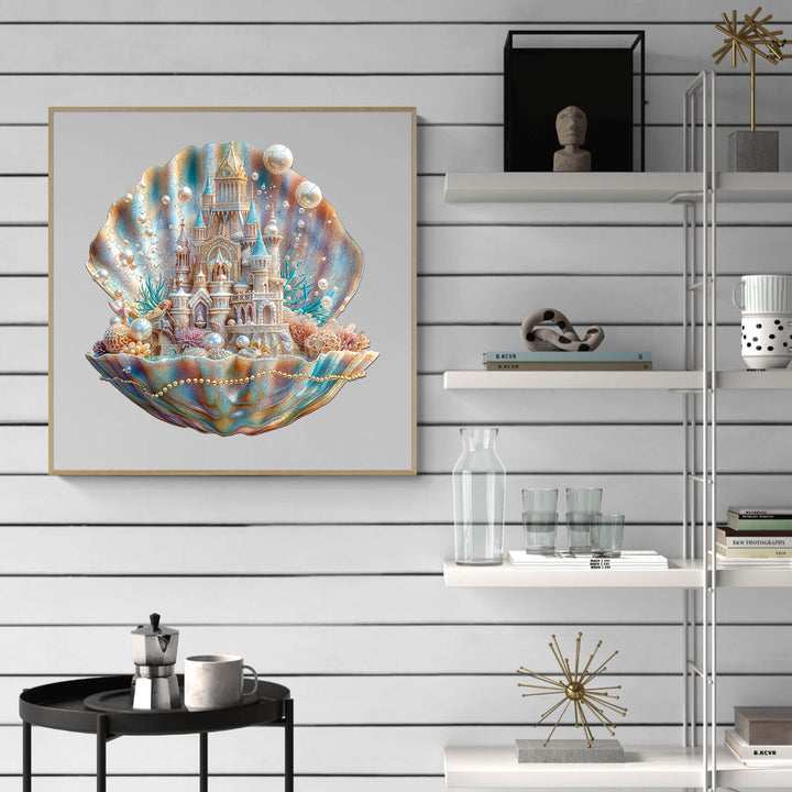 Art print of Pearlspire Citadel-1 inside a decorative shell, enhancing modern decor with a fantasy theme.