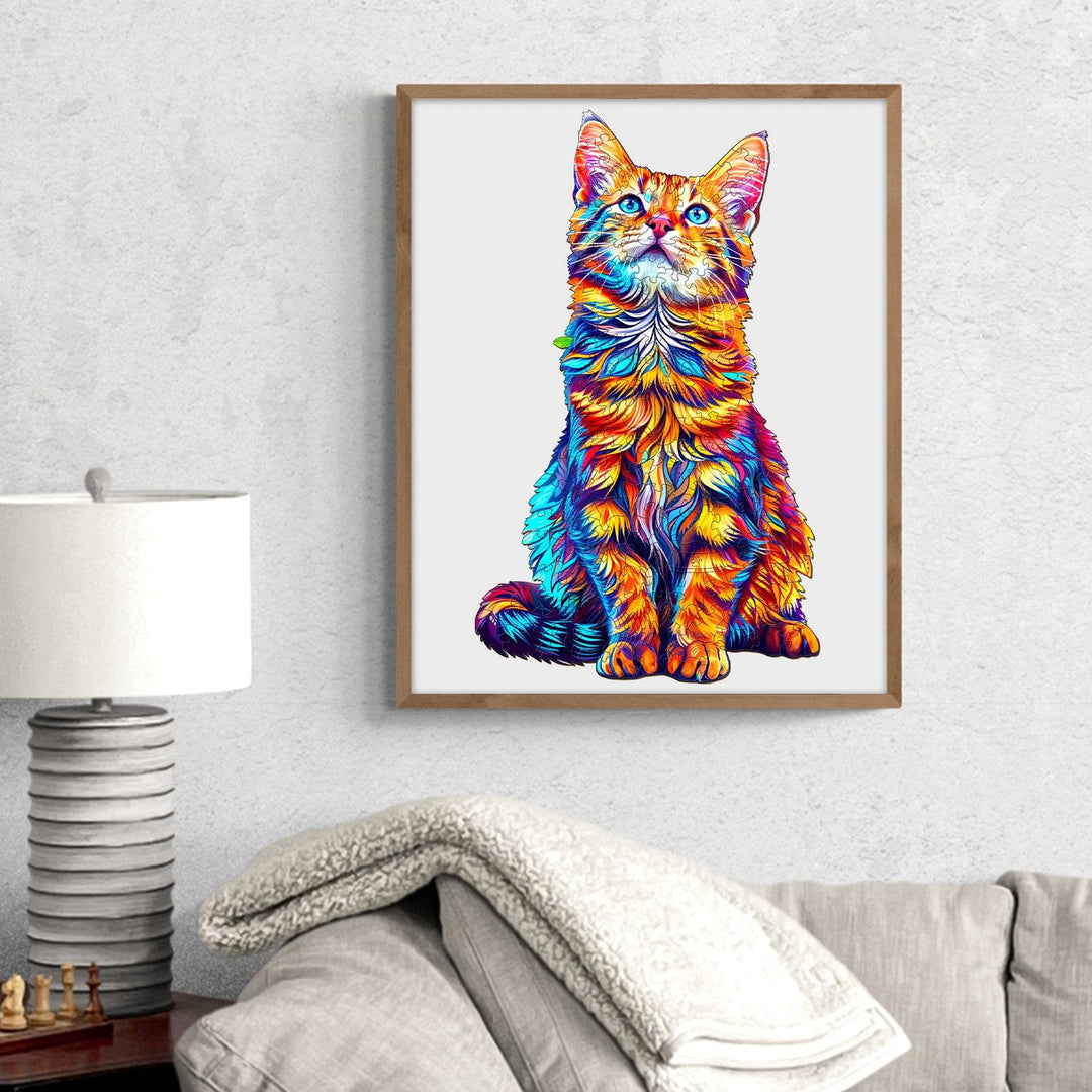 Colorful Bengal cat artwork framed on a wall, above a cozy couch and lamp, adding vibrant decor to the living room.
