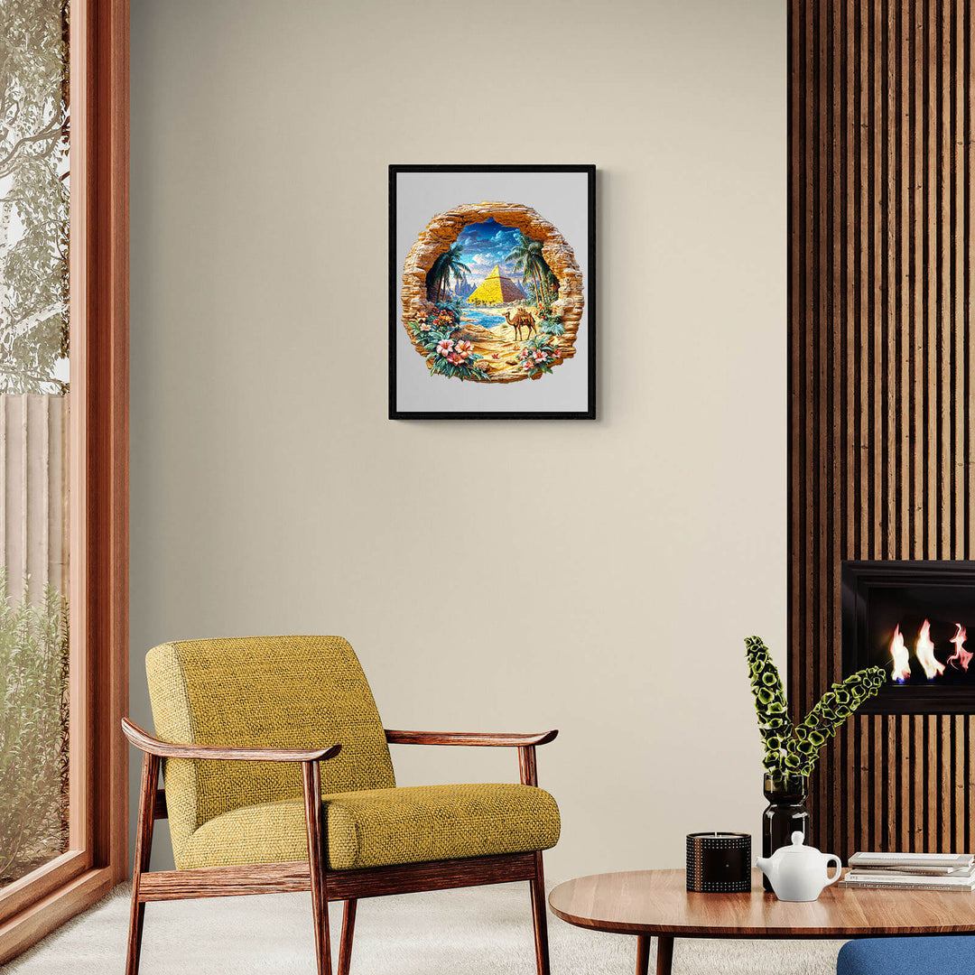 Oasis Mirage Wooden Jigsaw Puzzle framed in a modern living room, showcasing vibrant colors and serene landscape.