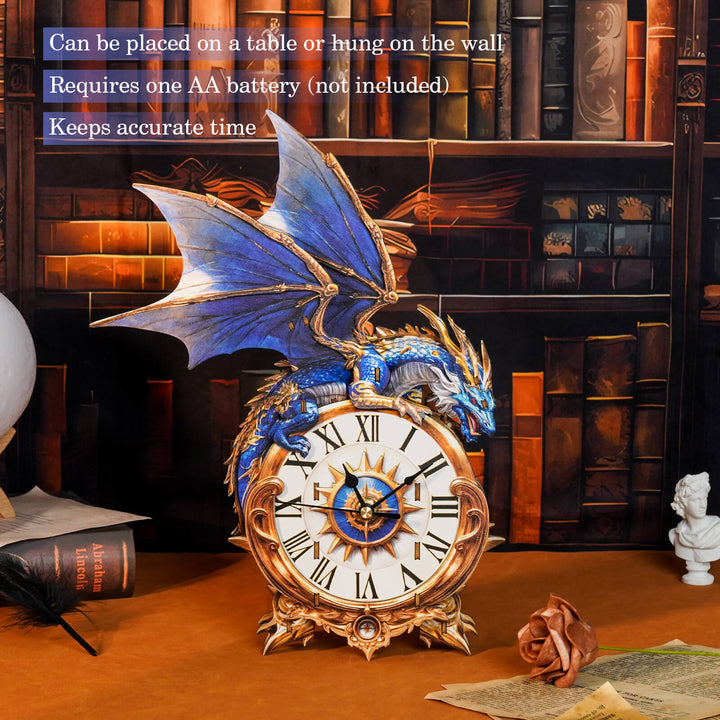 Blue dragon DIY wooden clock on table, showcasing intricate design and details, perfect for home decor.
