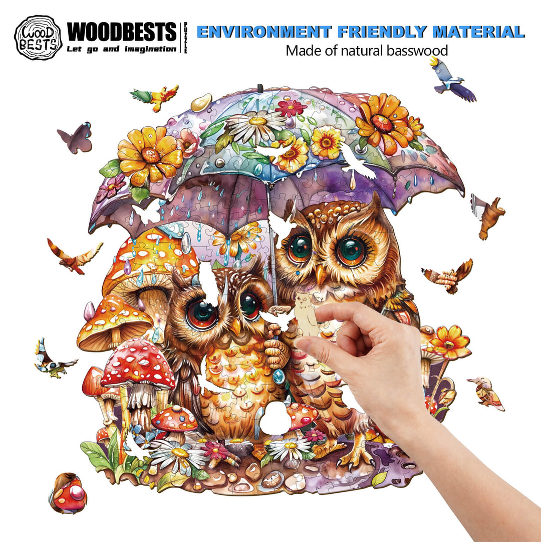 Wooden jigsaw puzzle featuring adorable owls under an umbrella, showcasing bright colors and intricate designs.
