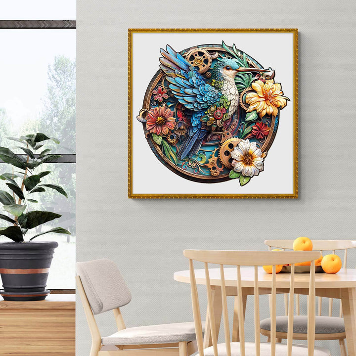 Colorful hummingbird artwork decorated with flowers, enhancing a modern room's aesthetic.
