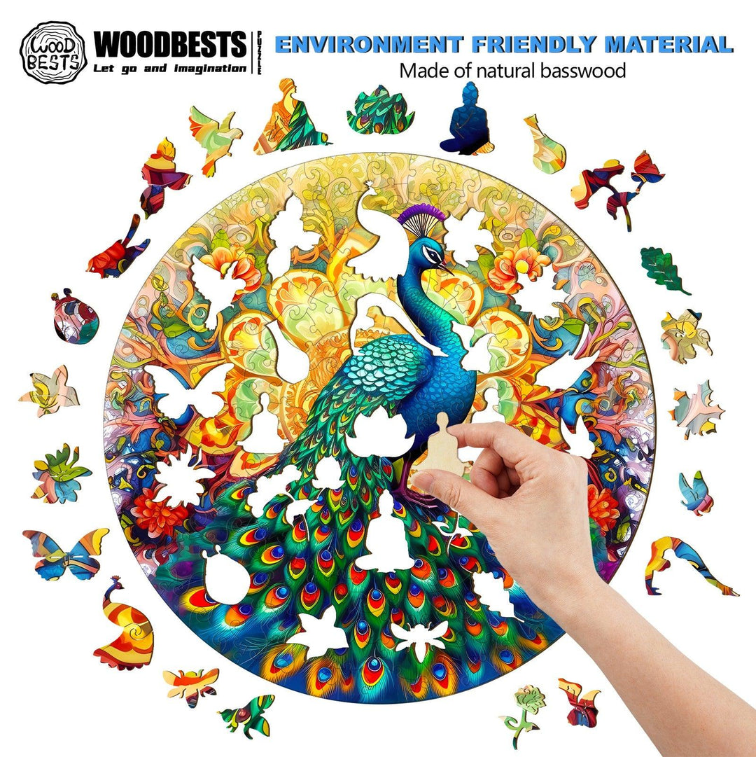 Colorful Mandala Peacock wooden jigsaw puzzle made from natural basswood with eco-friendly design.
