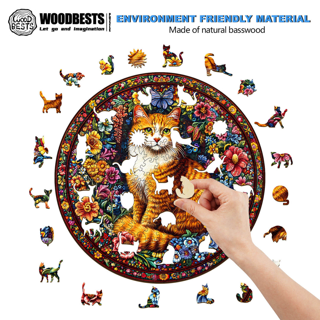 Floral Feline Wooden Jigsaw Puzzle made from natural basswood, featuring vibrant cats and floral designs.