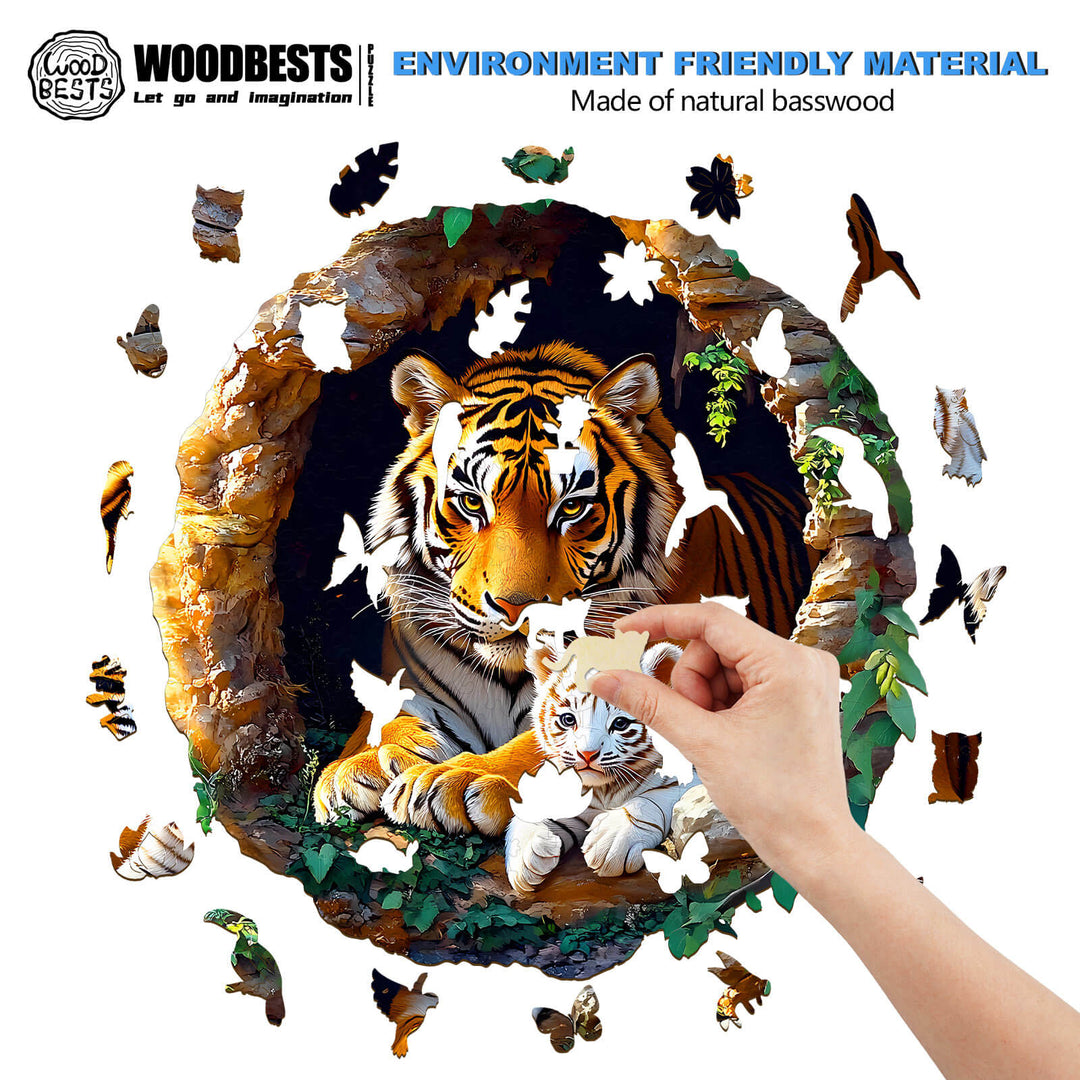 Person assembling the 3D Tiger Family-1 wooden jigsaw puzzle made from natural basswood.