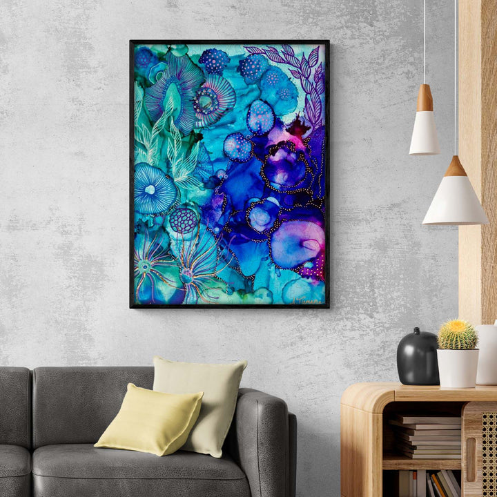 Colorful abstract art titled 'Into the Mystic' by Amy Tieman displayed in a modern living room setting.