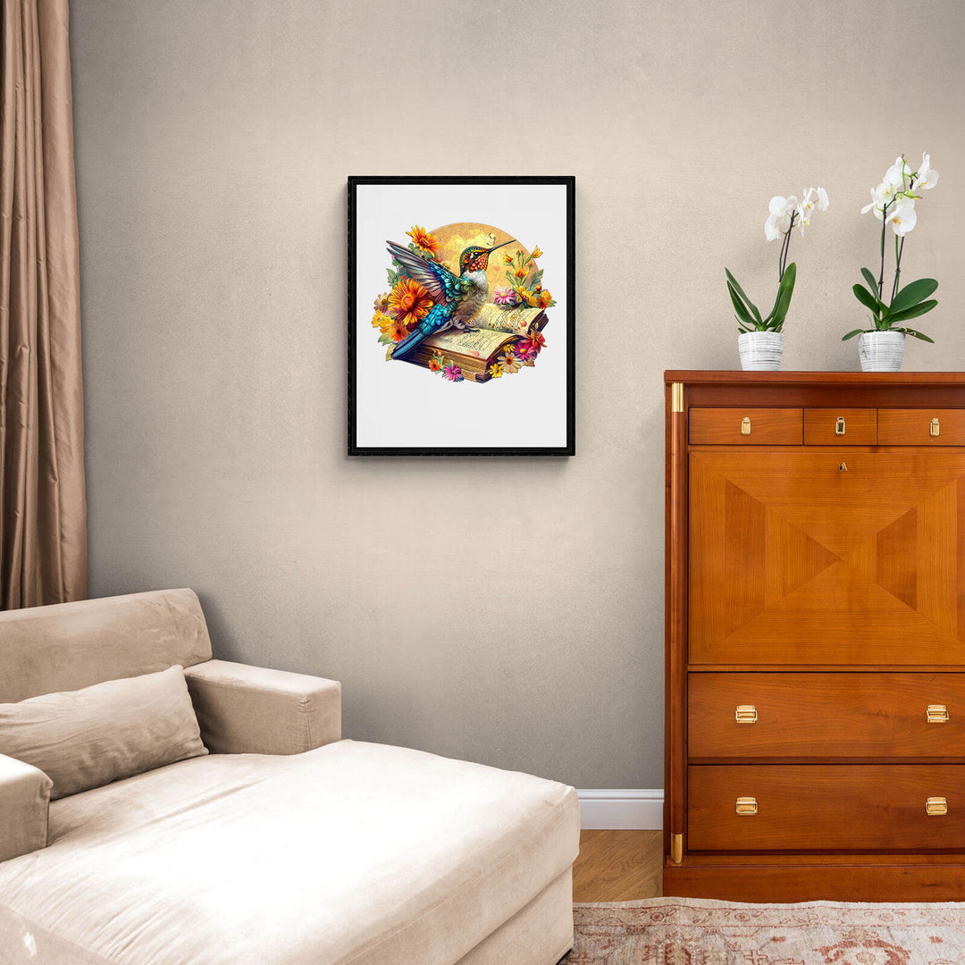 Hummingbird on book wooden jigsaw puzzle art in a cozy living room setting with flowers.