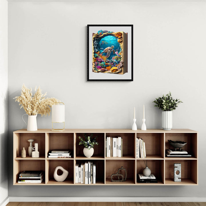 Modern living room featuring a vibrant underwater-themed framed artwork above a stylish wooden shelf.
