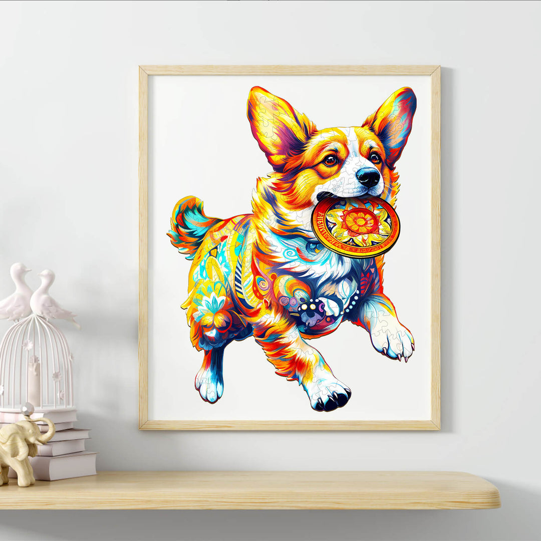 Colorful corgi dog jumping with a frisbee in a stylish living room decor.
