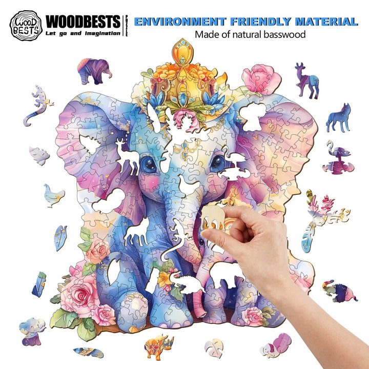 Parent child elephant wooden jigsaw puzzle made from natural basswood, promoting focus and cognitive skills.
