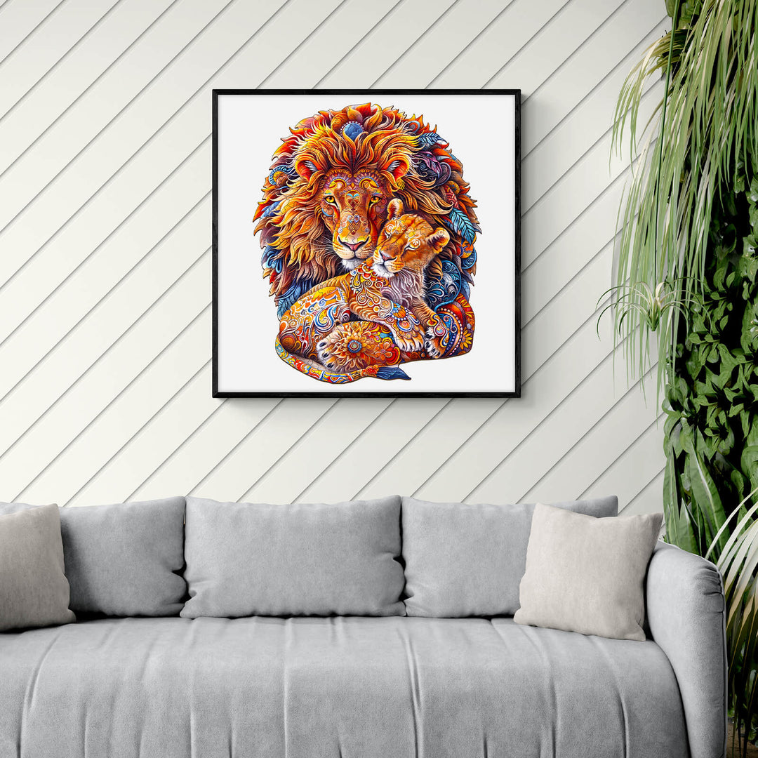 Colorful artwork of a lion and cub, symbolizing strength and love, displayed above a modern couch in a stylish room.
