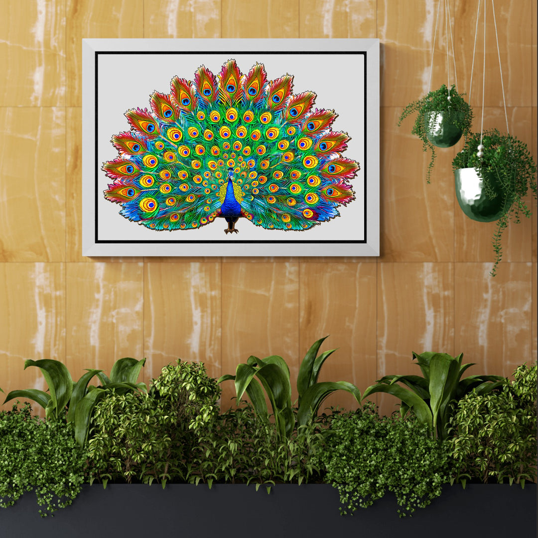 Colorful peacock artwork displayed on a wall, surrounded by green plants, perfect for jigsaw puzzle lovers.