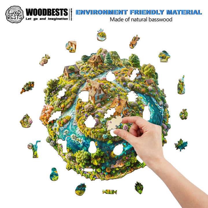 Hand assembling a Sustainable Earth wooden jigsaw puzzle made of natural basswood, featuring vibrant scenes of nature.