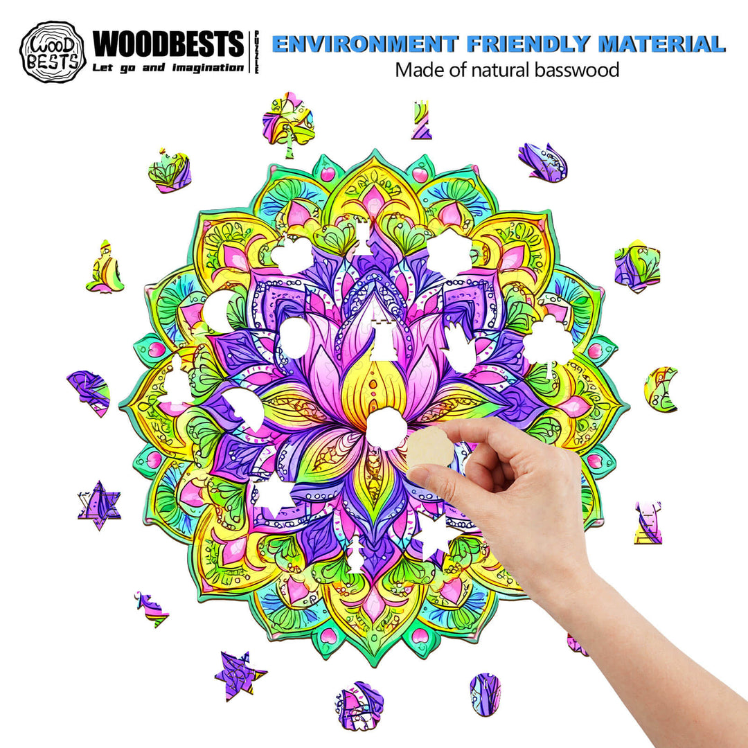 Colorful Mandala Lotus-1 wooden jigsaw puzzle made from natural basswood, perfect for enhancing focus and cognitive skills.