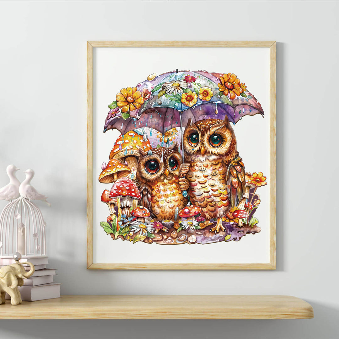 Colorful illustration of two owls under an umbrella surrounded by flowers and mushrooms, showcasing a whimsical design.
