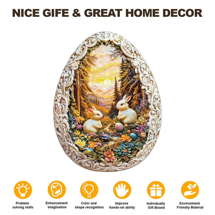 Wonderland Easter-4 wooden jigsaw puzzle featuring bunnies, enhances problem-solving and imagination, eco-friendly decor.