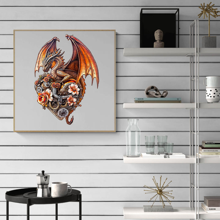 Dragon Heart Machina wooden jigsaw puzzle artwork displayed on a modern shelf with decorative elements.