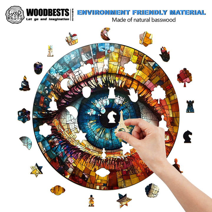 Close-up of a hand assembling the 3D Stained Glass Eyes wooden jigsaw puzzle, showcasing colorful pieces and intricate design.