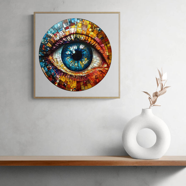 3D stained glass eye jigsaw puzzle artwork on display, showcasing vibrant colors and intricate design.