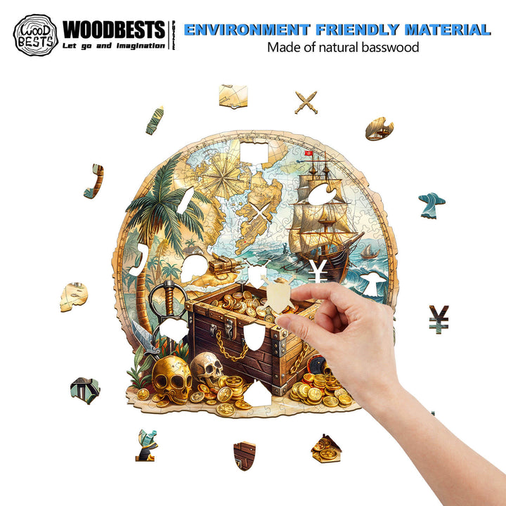 Hand assembling Golden Voyage wooden jigsaw puzzle made of eco-friendly basswood, featuring a treasure chest and pirate theme.
