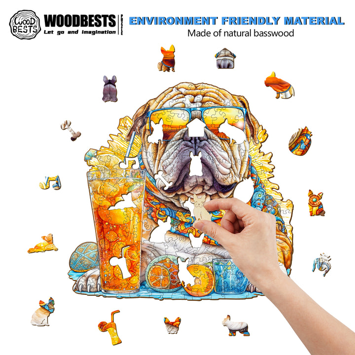 Person assembling Summer Bulldog-1 wooden jigsaw puzzle made of natural basswood, focusing on mind games and concentration.