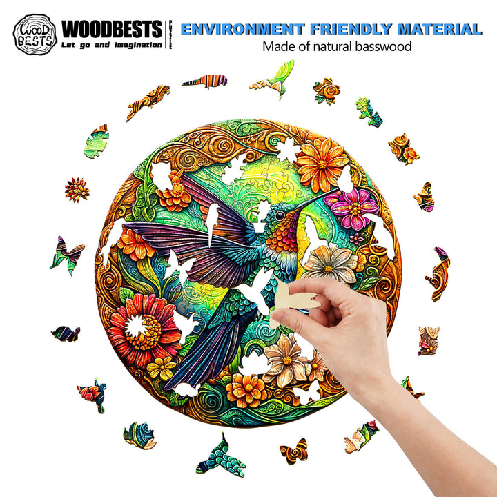 Person assembling a vibrant Vintage Hummingbird wooden jigsaw puzzle made from eco-friendly natural basswood.