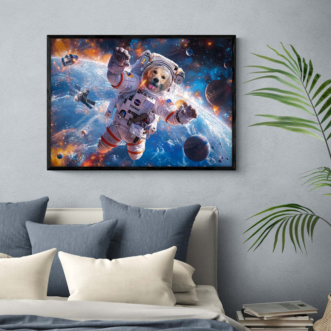 A dog in an astronaut suit floating in space, surrounded by planets and stars, adding a whimsical touch to any room.