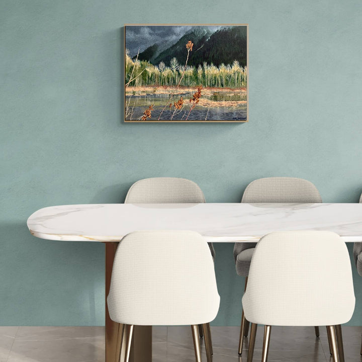 Distant Storm artwork by Marianne K Palmer displayed in a modern dining room with a stylish table and chairs.