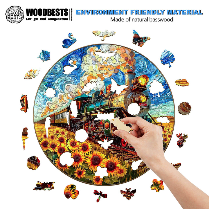 Hand assembling the Sunflower Star Train wooden jigsaw puzzle with vibrant colors and nature-themed pieces.