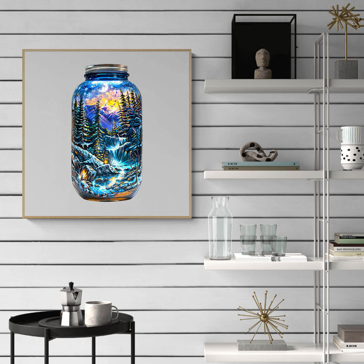 Colorful jar artwork depicting a winter landscape with trees and water, displayed on a modern shelf.