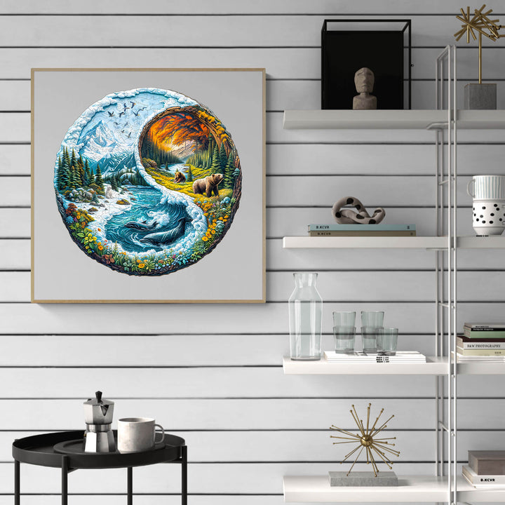 Yin yang glacial forest wooden jigsaw puzzle artwork featuring nature scenes in a circular design.