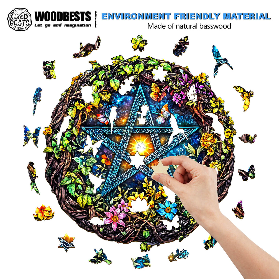 Hand assembling a colorful Natural Starburst wooden jigsaw puzzle made from eco-friendly natural basswood.