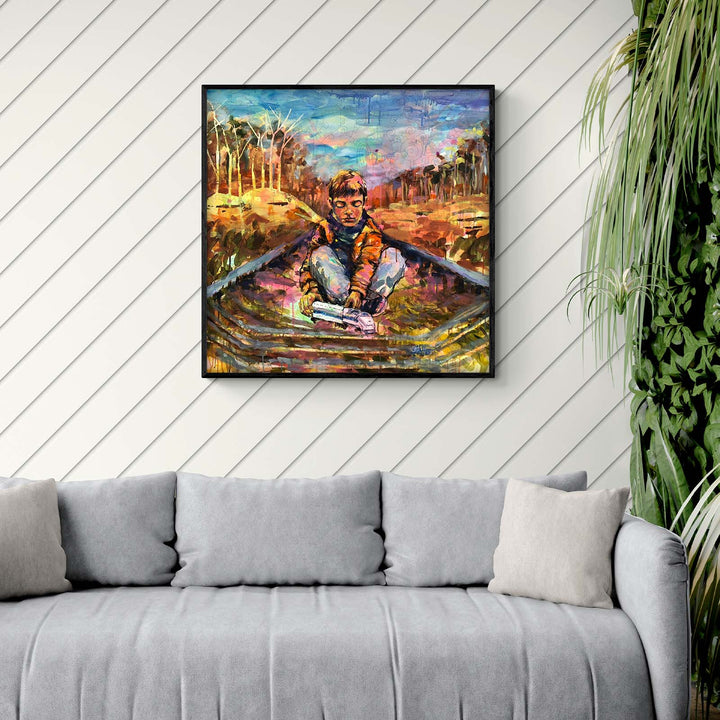 Colorful artwork 'On the Way' by Arlet Gomez, depicting a child on railroad tracks, showcasing artistic inspiration in home decor.