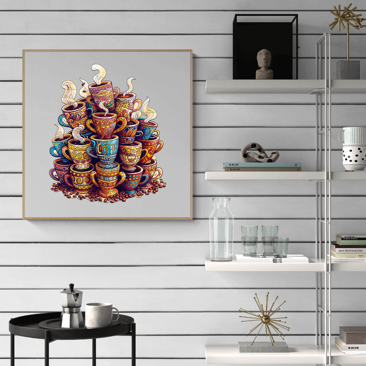 Colorful stack of decorative coffee cups in a modern interior setting, showcasing art and design.