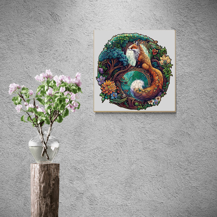 Yin Yang Fox-3 Wooden Jigsaw Puzzle displayed on a wall, featuring vibrant colors and intricate design for puzzle lovers.