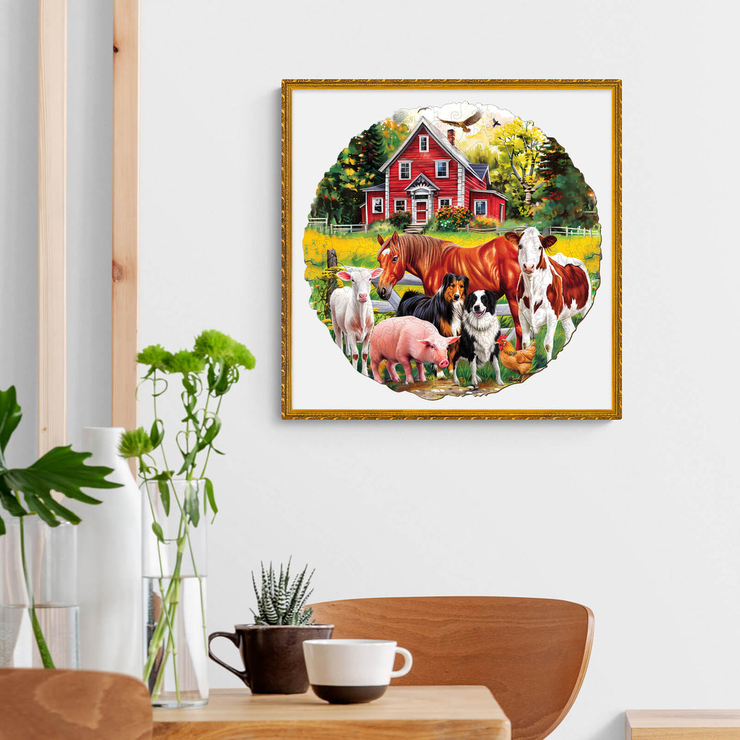 Colorful farm scene featuring various animals and a red barn, perfect for a cozy home decor.