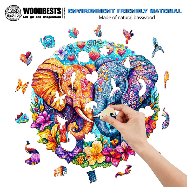 Colorful Snuggling Elephant wooden jigsaw puzzle made from natural basswood, perfect for focus and brain games.