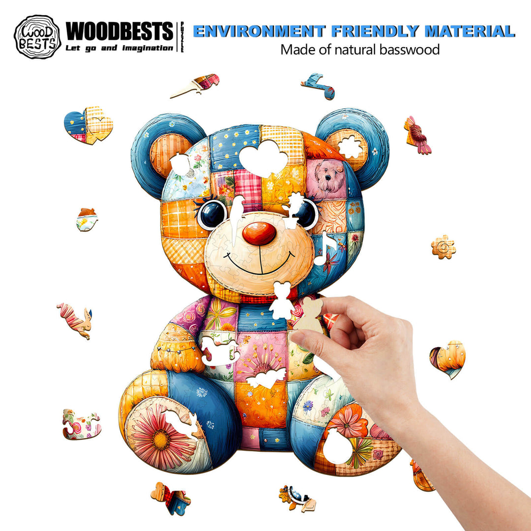 Colorful Patchwork Bear wooden jigsaw puzzle made of basswood, promoting focus and creativity during play.