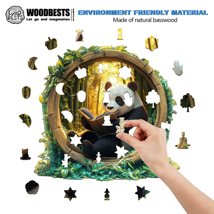 3D Bamboo Grove Scholar Panda wooden jigsaw puzzle featuring an explorer panda and nature-inspired pieces.