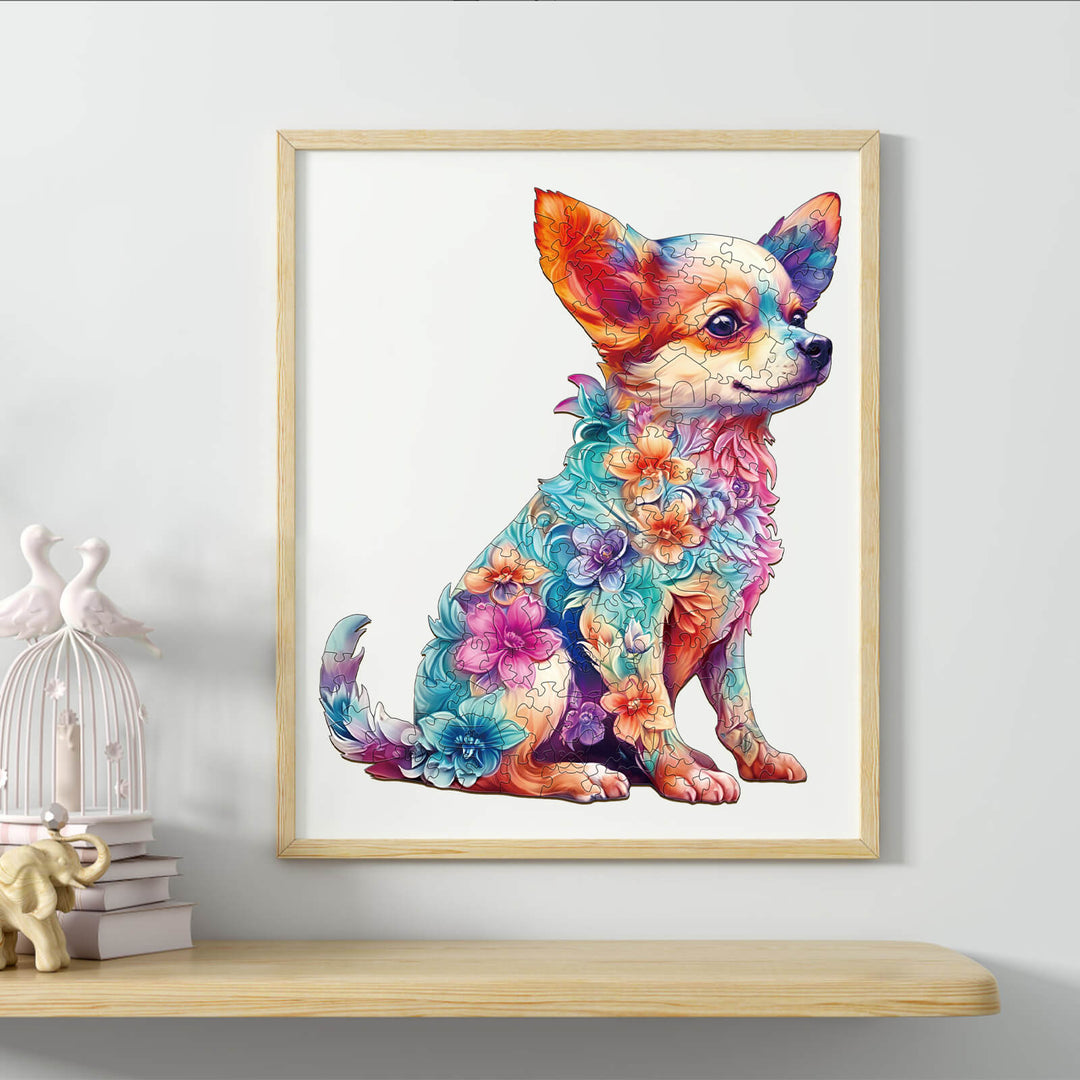 Cute Puppy Wooden Jigsaw Puzzle featuring a colorful Chihuahua design surrounded by vibrant flowers.