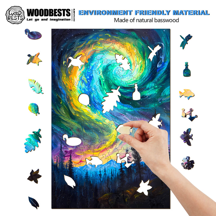 Hand placing pieces in the Night Aurora-1 wooden jigsaw puzzle, featuring a colorful swirling design and eco-friendly materials.