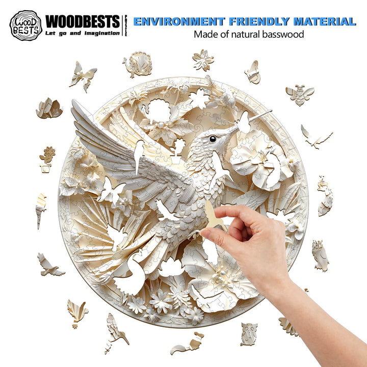 Hand assembling the 3D Paper Hummingbird-2 wooden jigsaw puzzle made from eco-friendly basswood.