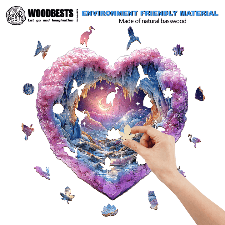 Hand assembling a 3D Romantic Star wooden jigsaw puzzle made of natural basswood, showcasing vibrant heart-shaped design.