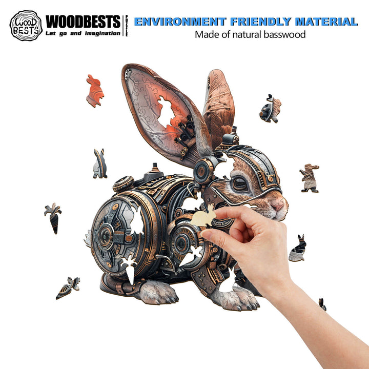 Hand assembling a Mechanical rabbit wooden jigsaw puzzle made of eco-friendly basswood, enhancing focus and cognitive skills.