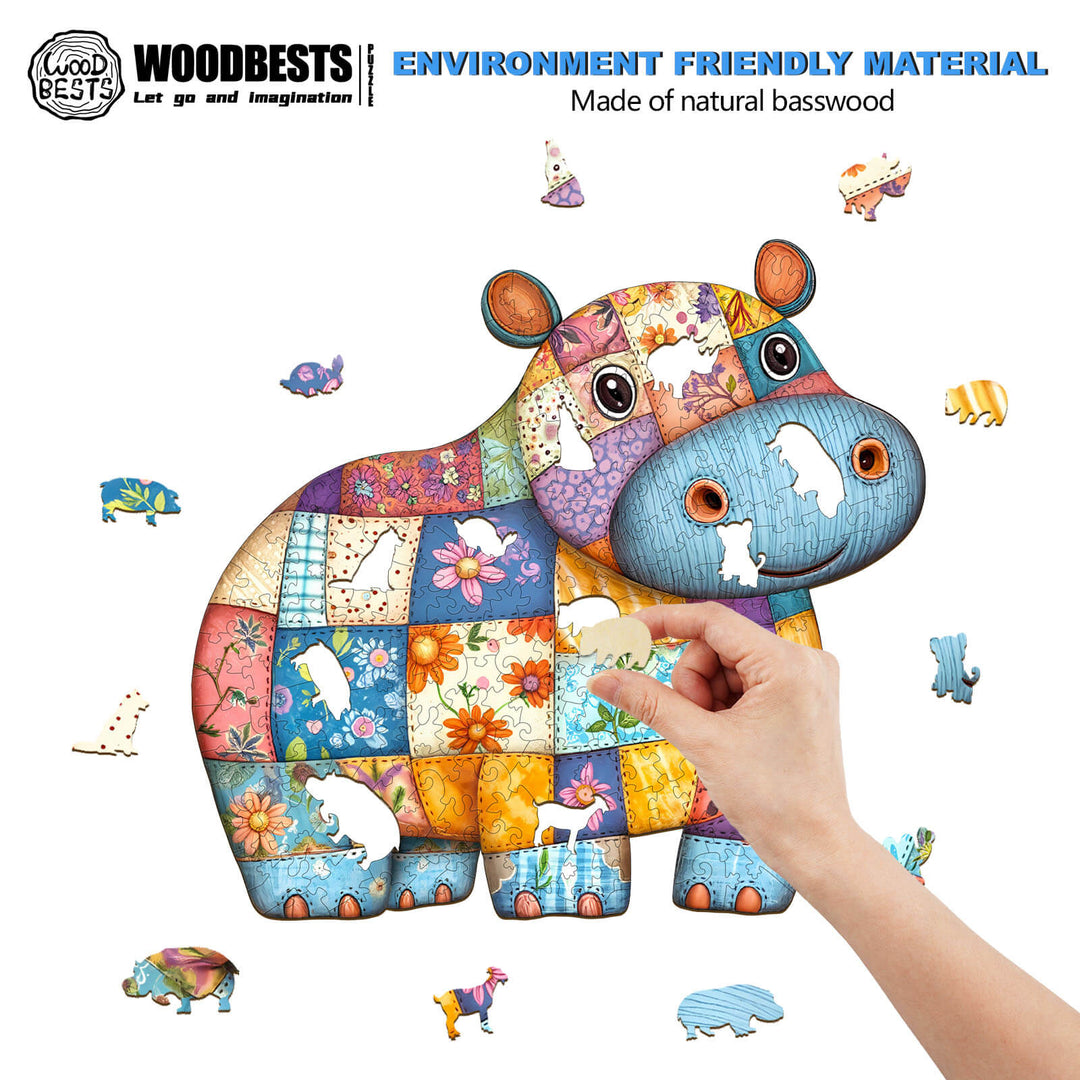 Colorful Patchwork Hippo wooden jigsaw puzzle made from eco-friendly basswood, perfect for enhancing focus and problem-solving skills.