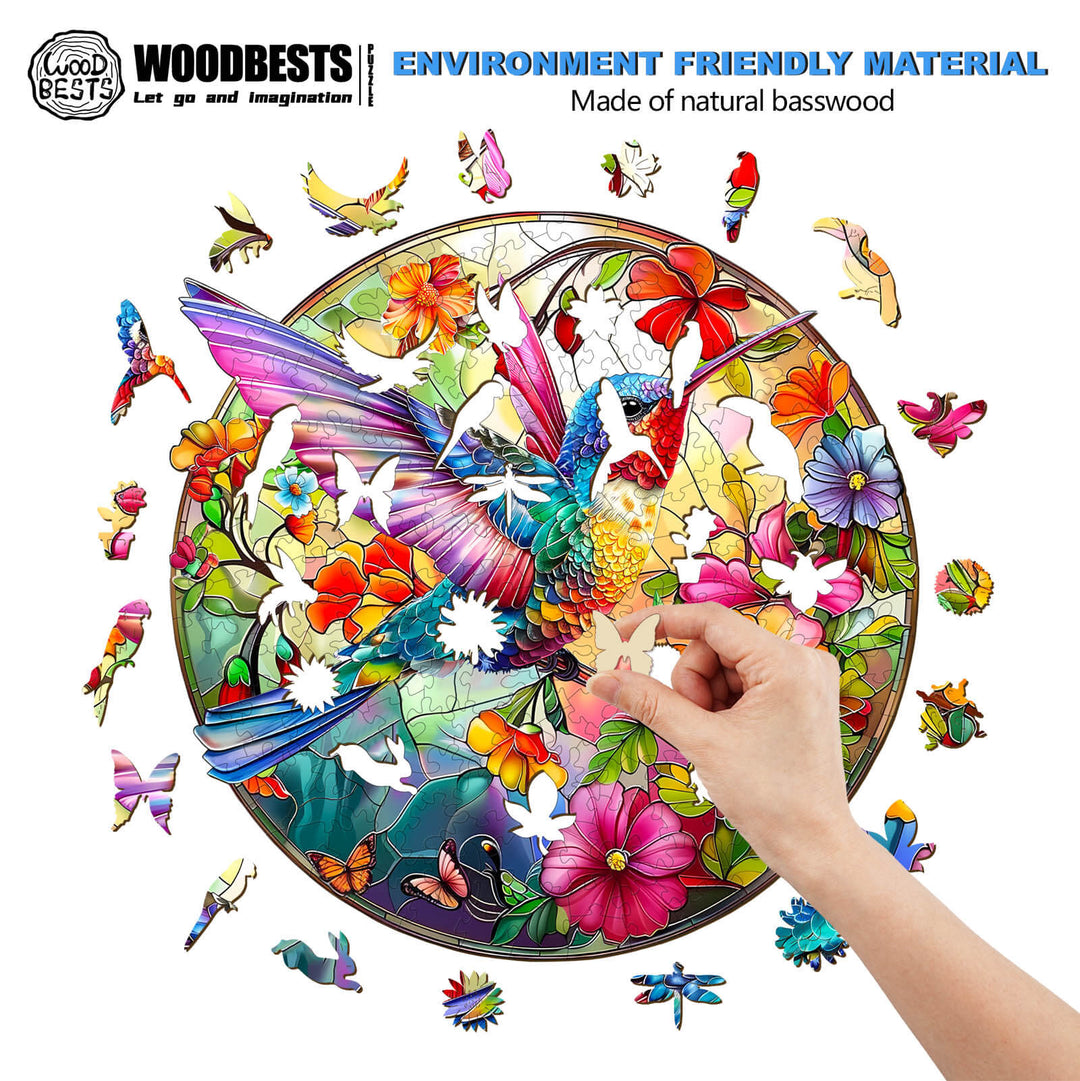 Colorful stained glass hummingbird jigsaw puzzle in progress, showcasing wooden pieces and vibrant floral designs.
