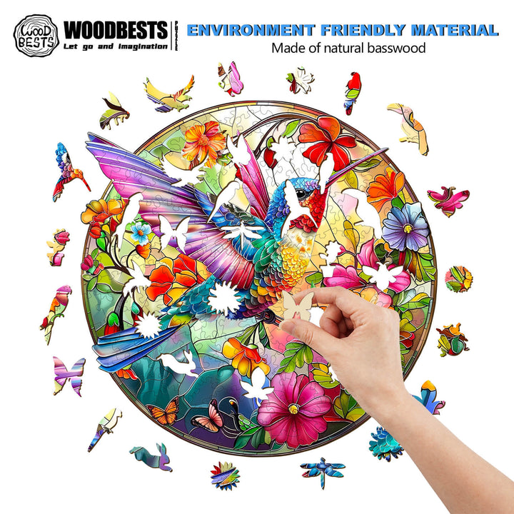Colorful stained glass hummingbird jigsaw puzzle in progress, showcasing wooden pieces and vibrant floral designs.